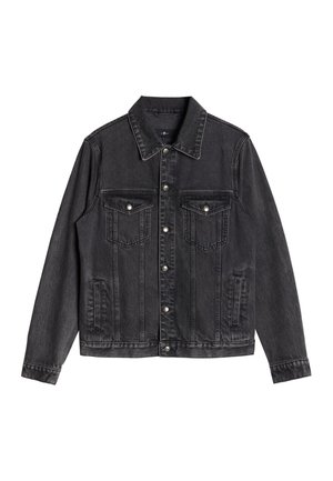 Czarna kurtka dżinsowa o klasycznym kroju, z przednimi kieszeniami, zapinana na guziki, lekko wyblakła.