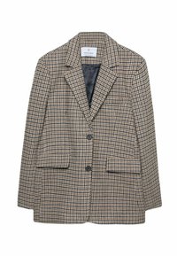 Blazer en pied-de-poule marron avec un revers cranté, deux poches avant et deux boutons foncés. Intérieur doublé de couleur unie. Coupe ajustée.