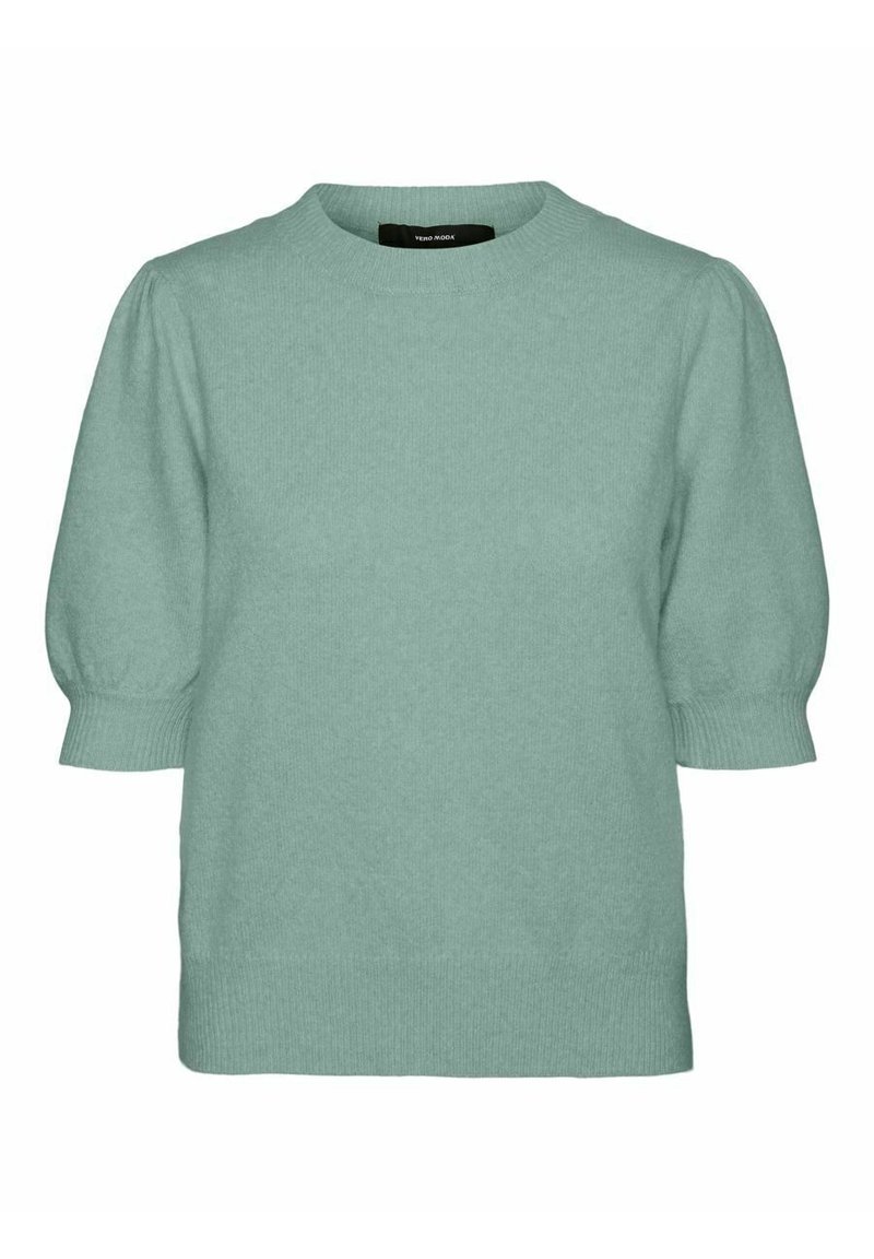 Maglione verde menta con scollatura rotonda, maniche corte a sbuffo e morbido tessuto lavorato a maglia.