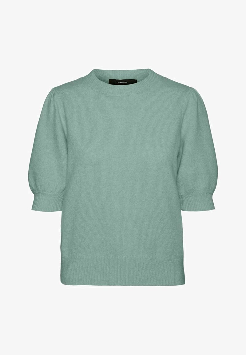 Maglione verde menta con scollatura rotonda, maniche corte a sbuffo e morbido tessuto lavorato a maglia.
