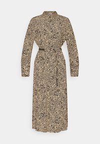 Robe chemise à manches longues imprimé léopard beige et noir, boutonnée sur le devant, col et ceinture assortie en tissu à la taille.