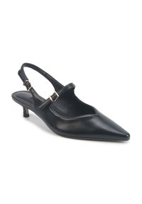 Czarne skórzane buty slingback z wydłużonym noskiem, niskim obcasem i regulowanym paskiem z złotym wykończeniem. Gładka faktura, minimalny design.