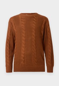 Maglione marrone a trecce con maniche lunghe, polsini, orlo e scollatura a coste, esposto su uno sfondo chiaro e uniforme.