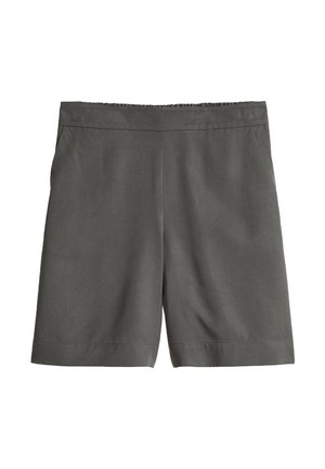 Shorts gris foncé longueur genou avec une ceinture élastique et des poches latérales, présentés sur fond blanc.
