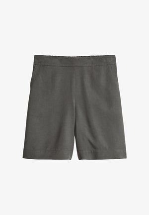 Shorts gris foncé longueur genou avec une ceinture élastique et des poches latérales, présentés sur fond blanc.