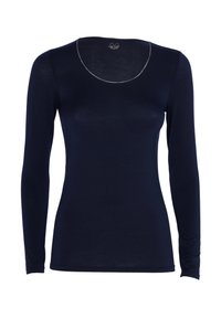 Maglietta a maniche lunghe di colore blu navy con scollo rotondo, texture liscia e bordatura argento a contrasto lungo il collo.