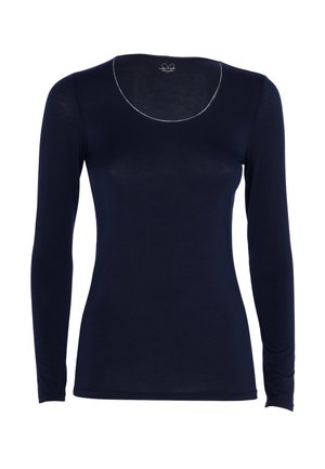 Maglietta a maniche lunghe di colore blu navy con scollo rotondo, texture liscia e bordatura argento a contrasto lungo il collo.
