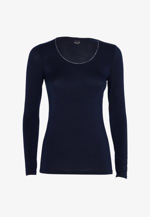 Maglietta a maniche lunghe di colore blu navy con scollo rotondo, texture liscia e bordatura argento a contrasto lungo il collo.