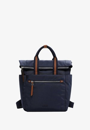 Navy fabric backpack with brown leather accents, two zipped front pockets, and sturdy top handles. Features a roll-top closure and adjustable straps.