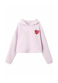 Gekürzter Hoodie aus hellrosa Stoff, mit Kapuze, langen Ärmeln und einem roten Herz-Graphic mit "Self Love" in schwarzer Schrift.