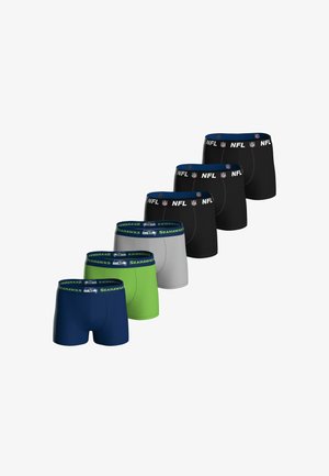 Zestaw sześciu męskich bokserek w kolorze niebieskim, zielonym i szarym z pasem Seahawks oraz trzy czarne pary z pasem z logo NFL.