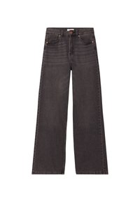 Jeans de mezclilla de pierna ancha en color negro, con una cintura alta, cinco bolsillos y herrajes de cobre contrastantes. Textura suave con un acabado sutil.