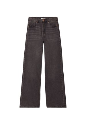 Jeans de mezclilla de pierna ancha en color negro, con una cintura alta, cinco bolsillos y herrajes de cobre contrastantes. Textura suave con un acabado sutil.