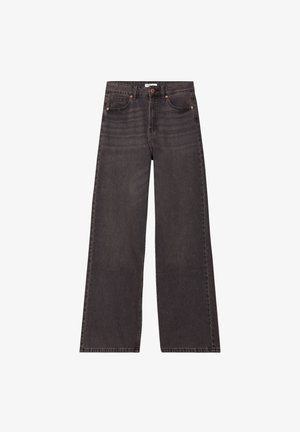 Bredde ben sorte jeans lavet af denim, med høj talje, fem lommer og kontrastfarvet kobber hardware. Blød tekstur med en subtil finish.