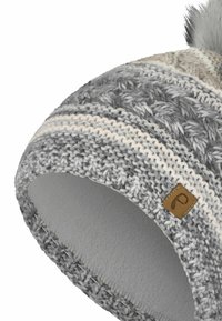 Knit hat featuring a mix of gray and cream stripes, a textured pattern, and a fluffy pom-pom on top. Includes a small leather logo tag.