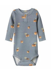 Bodysuit dla niemowląt z długim rękawem w jasnoniebieskiej prążkowanej tkaninie, z wzorem w żołędzie, z zapięciem na guziki przy szyi i zatrzaskami na dole.