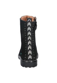 Black ankle boot with a textured finish, featuring a silver chevron pattern on the side, studded accents, and a rubber sole.