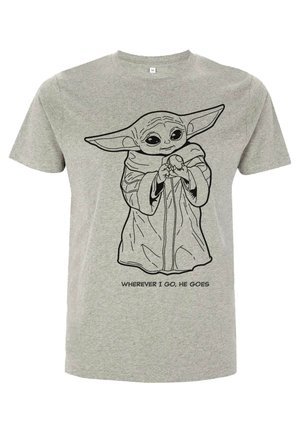 Gray cotton t-shirt featuring a black line drawing of a character in a robe, holding an object, with the text "WHEREVER I GO, HE GOES" below.