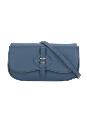 Blaue Leder-Umhängetasche mit einer vorderen Klappe, die durch einen Riemen und zwei kleine Metallverschlüsse gesichert ist.