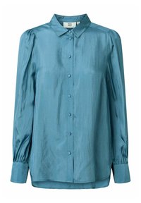Blusa azzurra chiara a maniche lunghe con chiusura a bottoni, colletto strutturato e maniche arricciate, realizzata in un tessuto liscio e lucido.