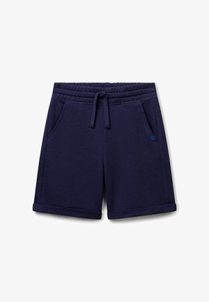 Pantaloni corti casual blu navy con vita elastica, coulisse, tasche laterali, piccolo etichetta con logo e orli arrotolati.