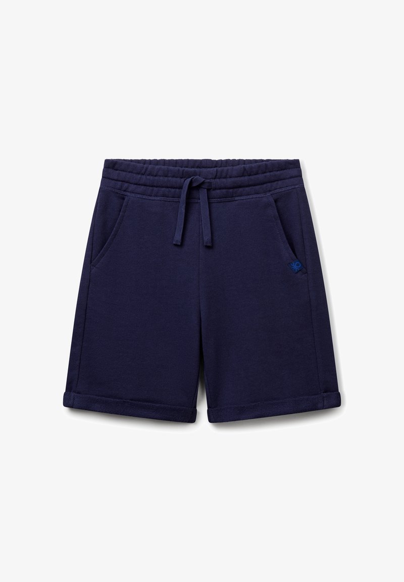 Marineblauwe casual shorts met elastische tailleband, trekkoord, zijzakken, een kleine logo-tag en opgerolde zoommouwen.