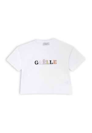 T-shirt bianco corto con la scritta "GAËLLE" in ricamo multicolore e testurizzato. Maniche corte e scollatura rotonda.