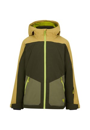 Men's jacket with a hood, featuring a color-block design in olive green, khaki, and yellow. Notable green zippers and accents.