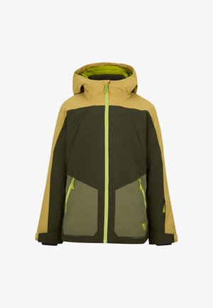 Herrenjacke mit Kapuze, gestaltet im Color-Block-Design in Olivgrün, Khaki und Gelb. Auffällige grüne Reißverschlüsse und Akzente.