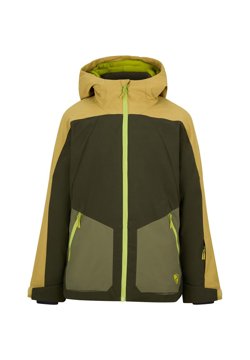 Herrenjacke mit Kapuze, gestaltet im Color-Block-Design in Olivgrün, Khaki und Gelb. Auffällige grüne Reißverschlüsse und Akzente.
