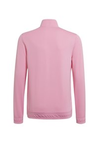 En rosa långärmad träningsjacka, gjord av slät tyg, har en krage, elastisk nederkant och inga synliga knäppningar eller dekorationer.