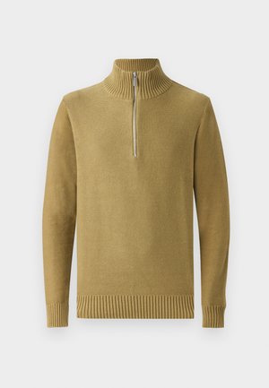 Olivgrüner Strickpullover mit hohem Rippenkragen, halbmilchigem Reißverschluss vorne und gerippten Bündchen und Saum. Glatte Textur, lässiges Design.