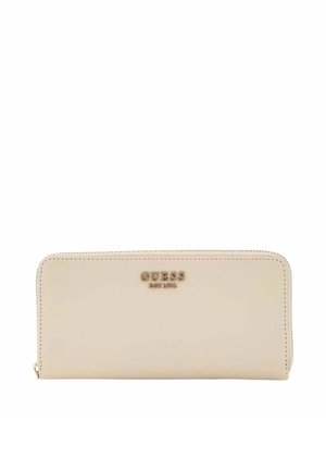 Portafoglio Guess color crema con logo dorato e chiusura con cerniera, rettangolare con bordi arrotondati, esposto su sfondo bianco.