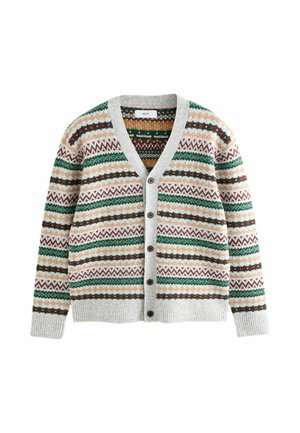 Gestrickte Strickjacke in Grau, mit mehrfarbigen geometrischen Mustern in Grün, Rot, Beige und Braun. V-Ausschnitt und Knopfverschluss. Texturierte Bündchen.