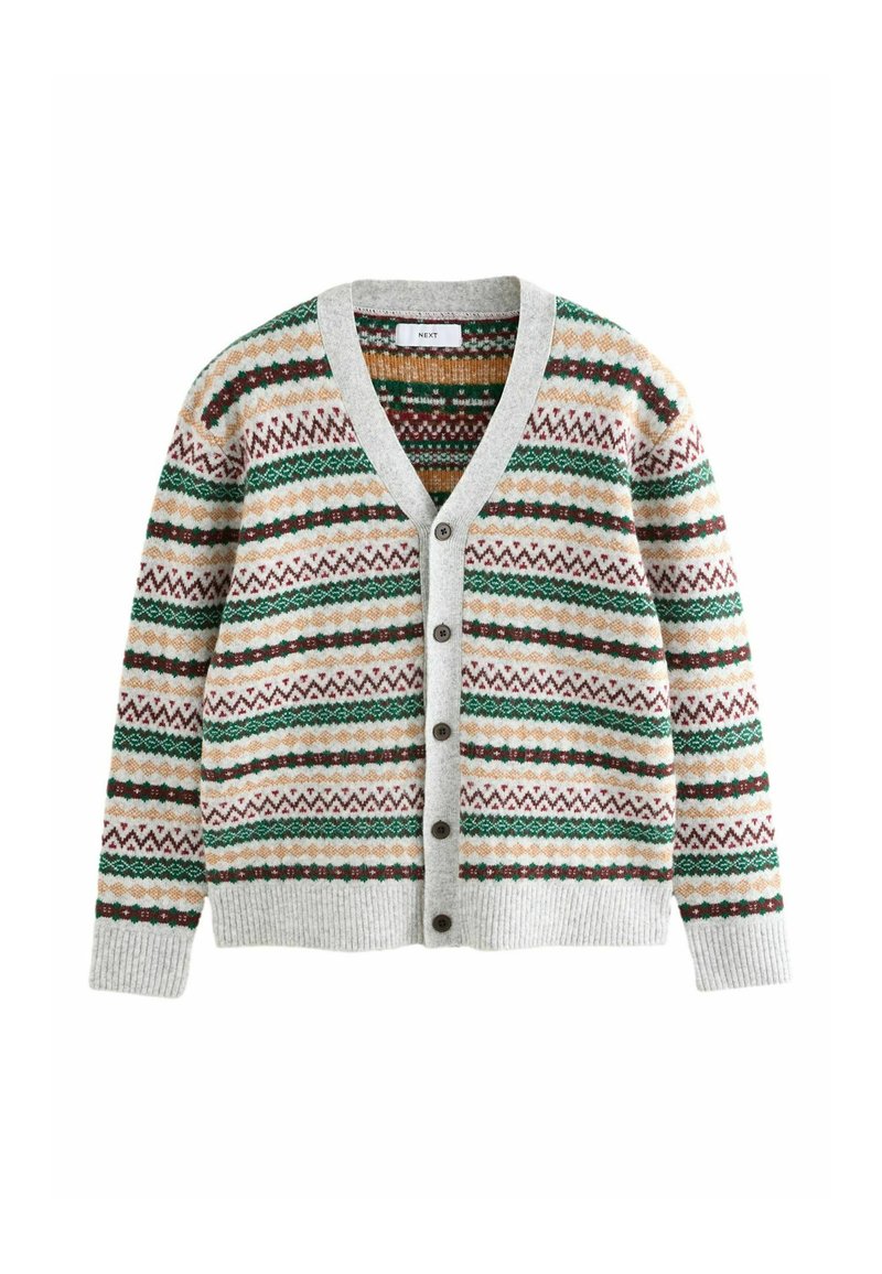 Knitted cardigan in grey, featuring multicolored geometric patterns in green, red, beige, and brown. V-neck and button closure. Textured cuffs.
