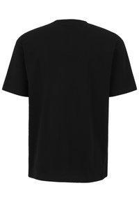 Camiseta de algodón negra, de manga corta, cuello redondo, dobladillo recto, vista trasera, sin gráficos ni patrones, textura suave.