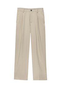 Pantalon beige à jambes droites avec passants de ceinture, poches latérales, fermeture avant par bouton et fermeture éclair.