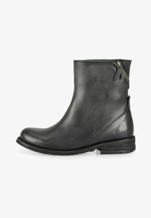 Black leather ankle boot featuring a rounded toe, side zipper, and a low stacked heel. Subtle embossed logo detail on the heel.