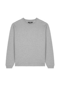 Felpa grigia con collo a giro, maniche lunghe e polsini a costine. Realizzata in un tessuto morbido, presenta un design casual e ampio.