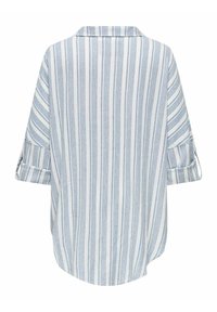 Chemise rayée avec col, présentant des rayures verticales bleues et blanches, des manches retroussées et un ourlet incurvé pour un ajustement décontracté.