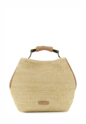 Borsa a mano in paglia intrecciata con manico in pelle marrone chiaro e accenti laterali, targhetta rettangolare in metallo con il marchio "CAFÈNOIR" sulla parte anteriore.