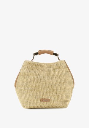 Borsa a mano in paglia intrecciata con manico in pelle marrone chiaro e accenti laterali, targhetta rettangolare in metallo con il marchio "CAFÈNOIR" sulla parte anteriore.