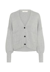 Light gray cardigan made of soft fabric, featuring a V-neck, long sleeves, two front pockets, and black buttons for closure.