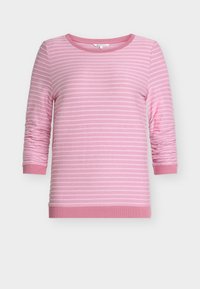 Roze sweatshirt met horizontale strepen en getextureerde mouwen. Ronde halslijn en aansluitende manchetten met een geribde zoom. Zacht, lichtgewicht materiaal.