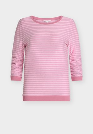 Rosa sweatshirt med horisontale striper og teksturerte ermer. Rund hals og tettsittende mansjetter med ribbet kant. Mykt, lett materiale.