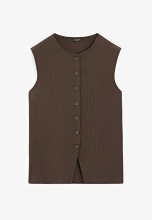 Brązowy bezrękawnik z okrągłym dekoltem, zapięciem na guziki z przodu i bocznym rozcięciem. Wykonany z teksturowanej tkaniny z delikatnym żebrowaniem.