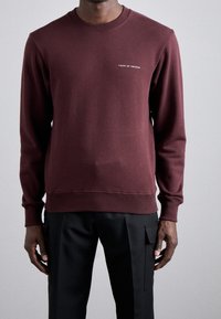 Uomo che indossa un maglione girocollo bordeaux con il testo "Tiger of Sweden" e pantaloni cargo neri su uno sfondo chiaro e uniforme.