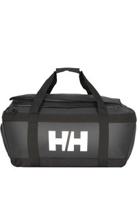 Black duffle bag with a smooth, waterproof material. Features dual handles and a top zipper. Large white logo on the front.