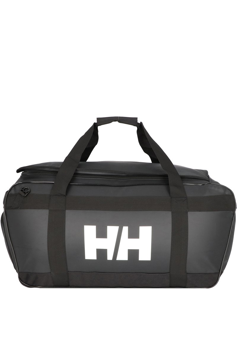 Black duffle bag with a smooth, waterproof material. Features dual handles and a top zipper. Large white logo on the front.