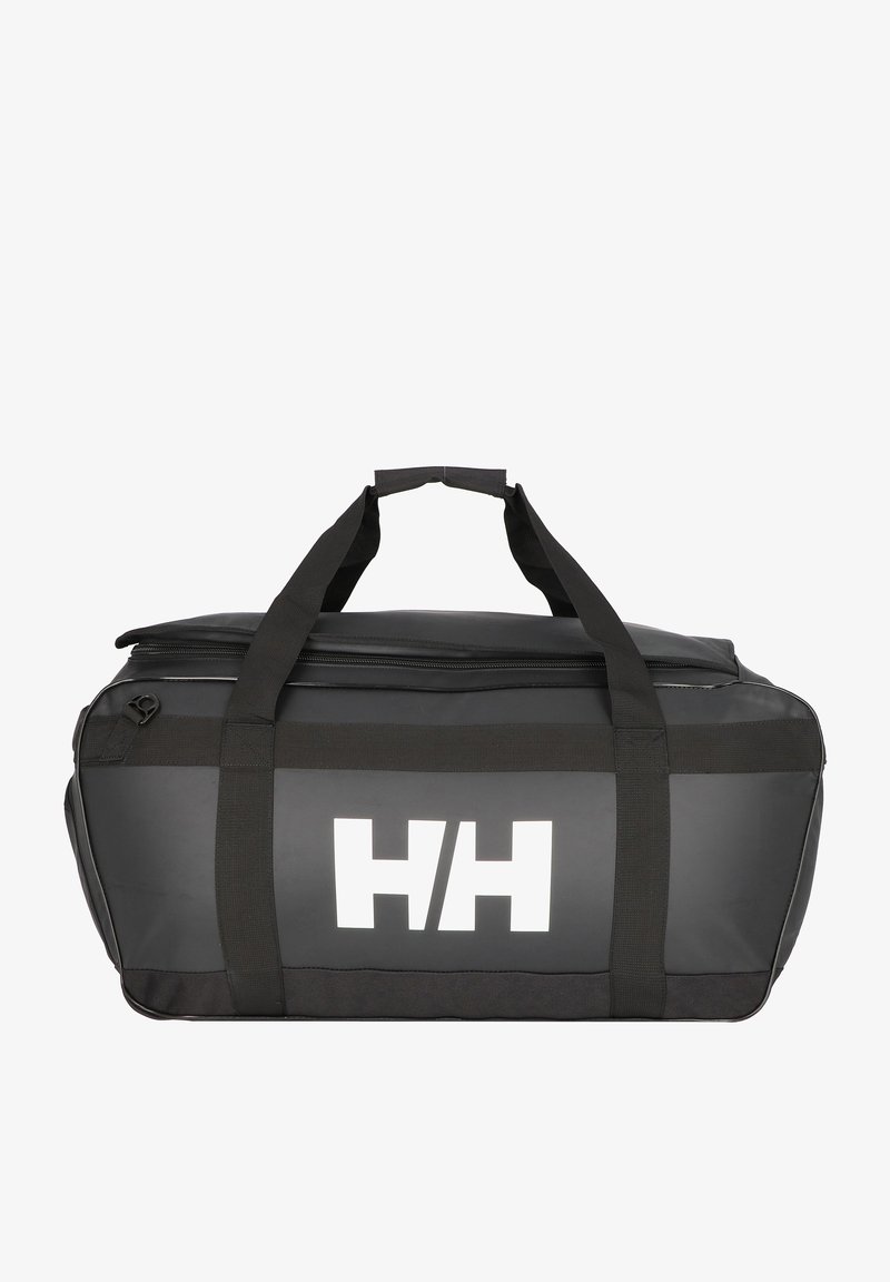 Bolsa de viaje negra con un material suave e impermeable. Cuenta con dos asas y un cierre superior. Gran logotipo blanco en la parte frontal.